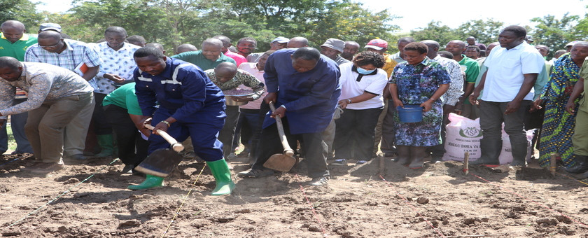Mkuu wa wilaya ya Magu Ndg. Salum Kalii akiwa na balozi wa pamba nchini Ndg. Aggrey Mwanri akionesha namna ya kupanda pamba wakati wa uzinduzi wa msimu wa kilimo cha pamba 2021-22